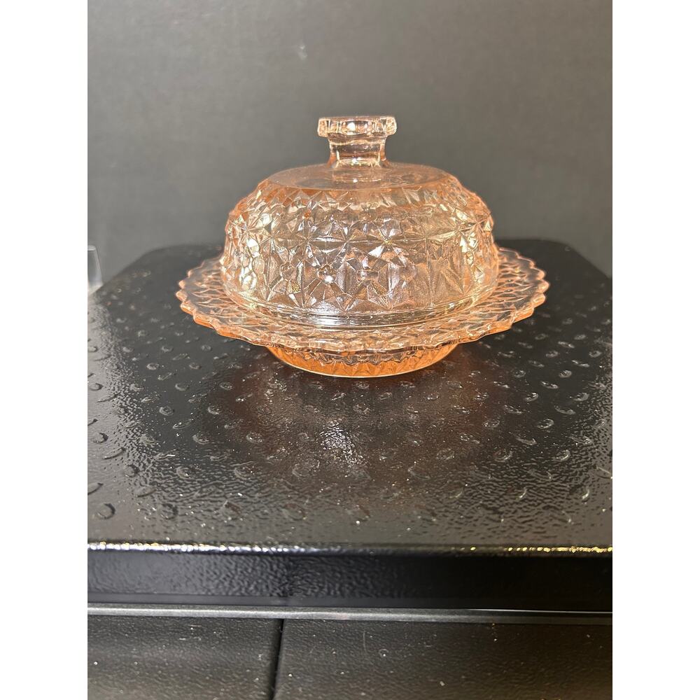 vintage Jeannette Glass pink depression glass covered butter dish
